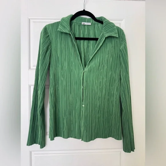 Zara Pleated Coord Set - Plisse Green Medium Wide Leg Pants and Small Top - Picture 2 of 4